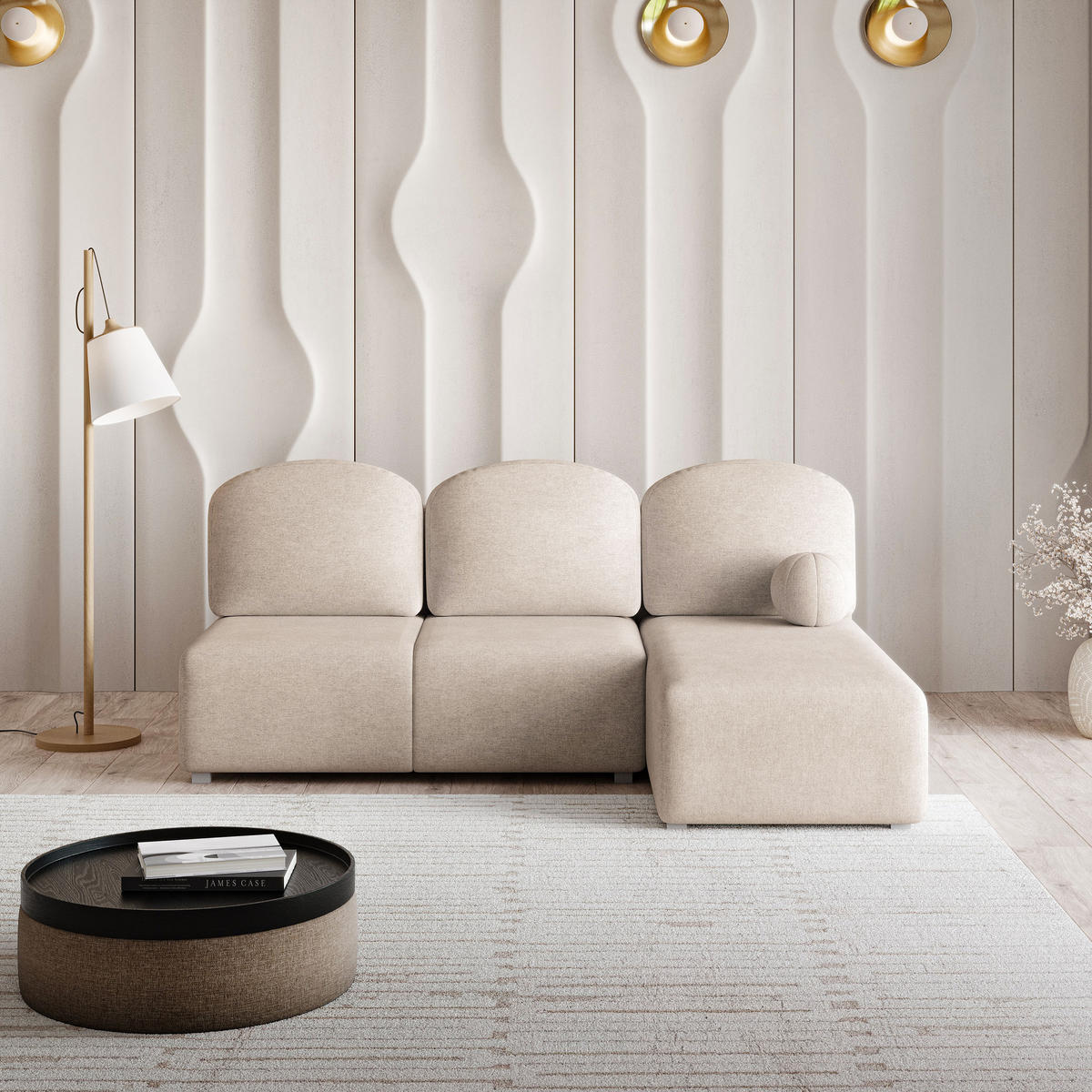 ECKSOFA TRAMA Beige Geflochtener Stoff mit Schlaffunktion - Beige, Holz (200/143cm) - MASSENO