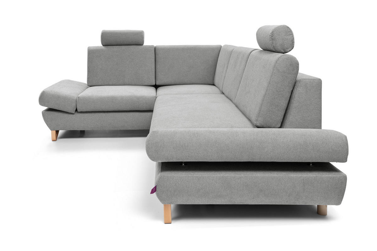 ECKSOFA CASA II L-S Grau Plüsch-Stoff mit Schlaffunktion - Grau, Holz (272/199cm) - MASSENO