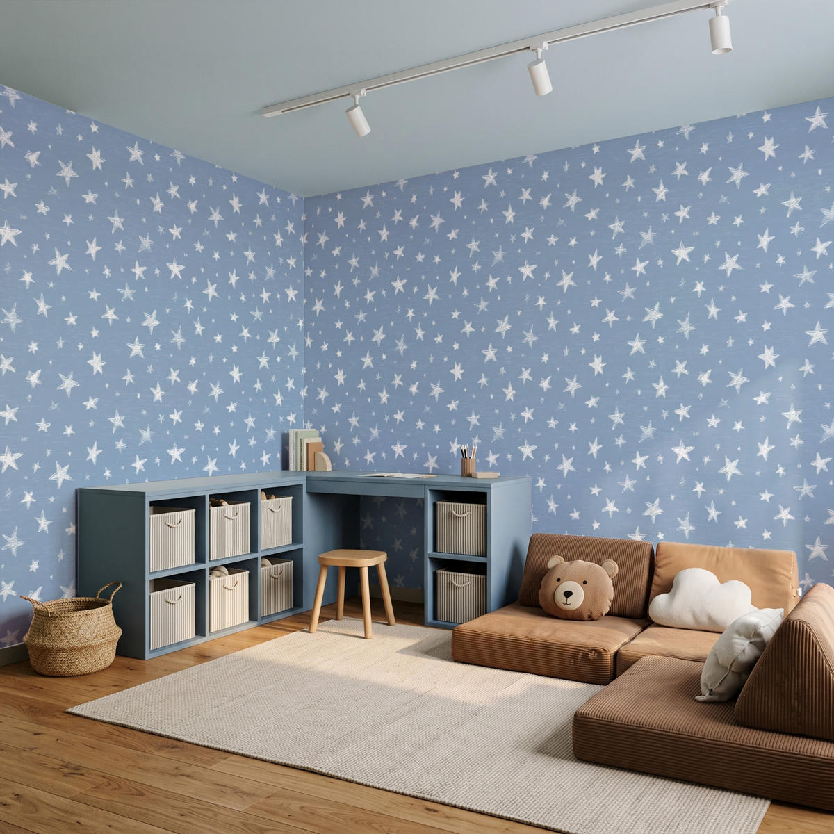 KINDERTAPETE - Sterne - Muster - Blau - 500x200 cm - Hellblau, Papier (500/200cm) - OnlyWow