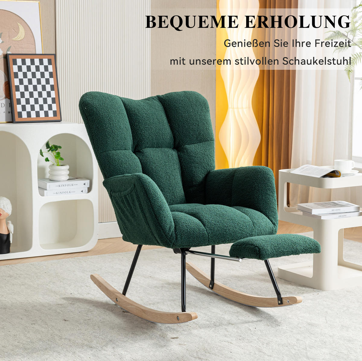 SCHAUKELSTUHL Lammfell-Optik mit klappbarer Fußstütze 80/98/98.5 cm Grün - Grün, Textil (98/98.5/80cm) - Redom