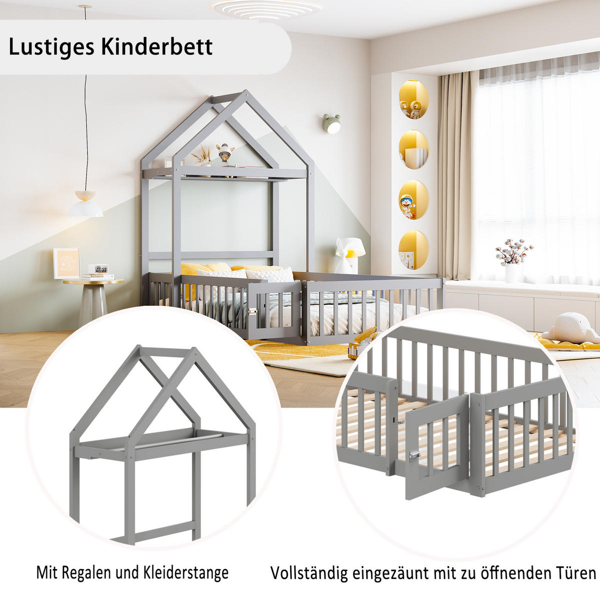 HAUSBETT aus 90x200 cm Grau mit Dach, Stauraum, Tür und Lattenrost - Grau, Holzwerkstoff (90/200cm) - Modfu