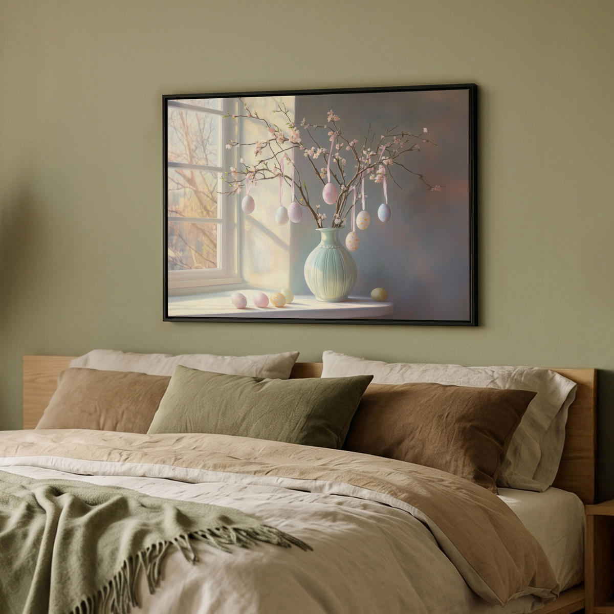 LEINWAND Bilder mit Rahmen - Stillleben - Vase - Osterzweig - 80x60 - Hellblau, Textil (80/60cm) - MuchoWow