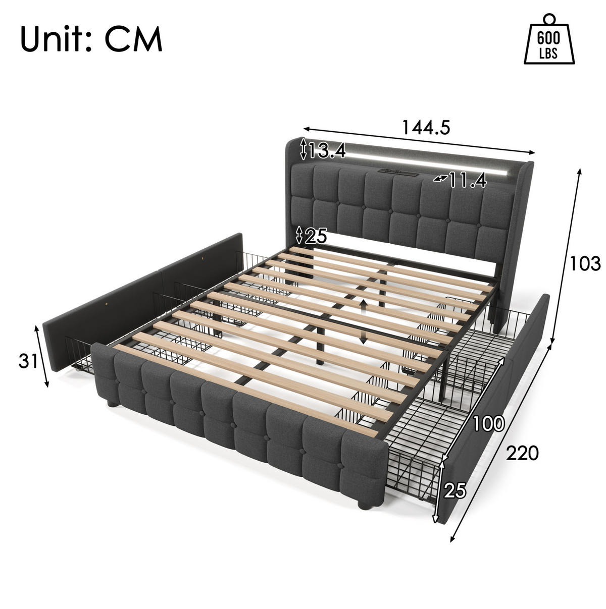 POLSTERBETT 140/200 cm grau aus Holz mit LED, USB und 4 Schubladen - Grau, Holzwerkstoff (140/200cm) - OKWISH