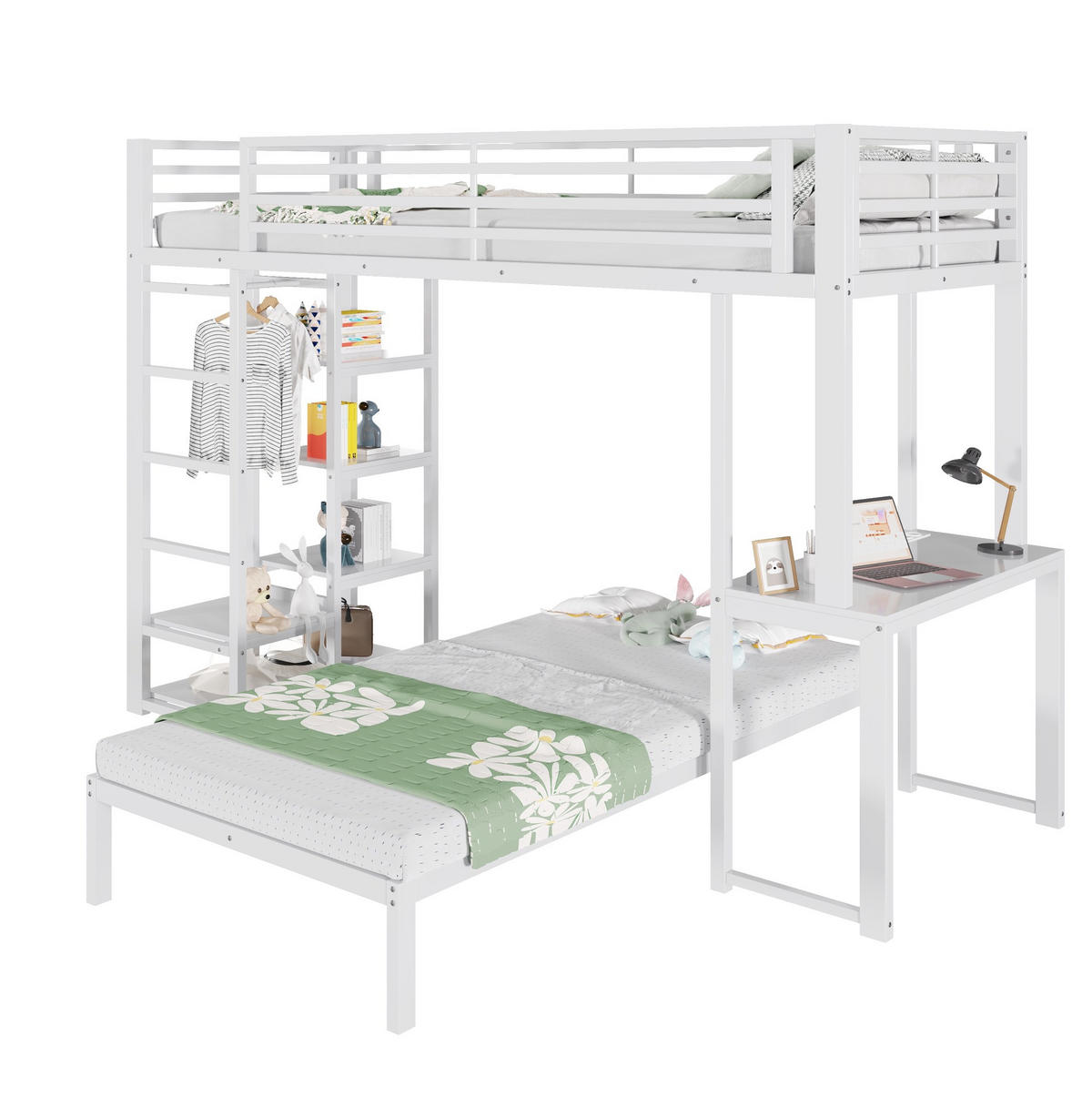 HOCHBETT Metall & MDF 90x200 cm Weiß mit Schreibtisch, Regalen und Kleideraufbewahrung - Weiß, Holzwerkstoff (90/200cm) - Modfu