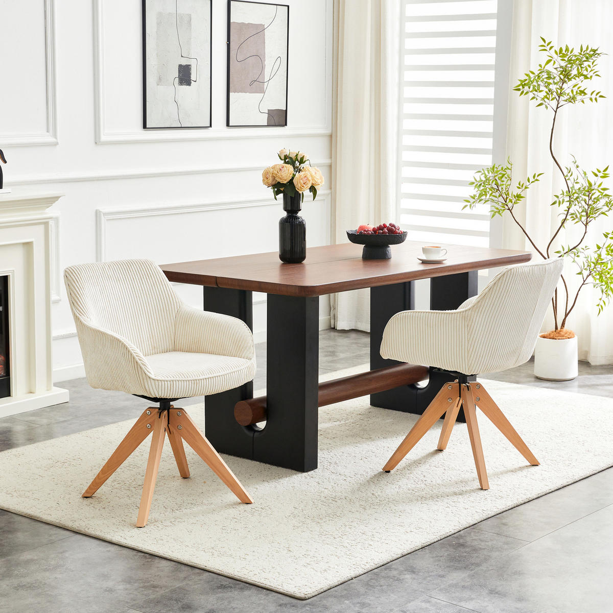 DREHSTUHL 2er-Set 360° drehbar Off White mit Massivholzbeinen - Weiß, Holz (44/84/56cm) - Meubliv