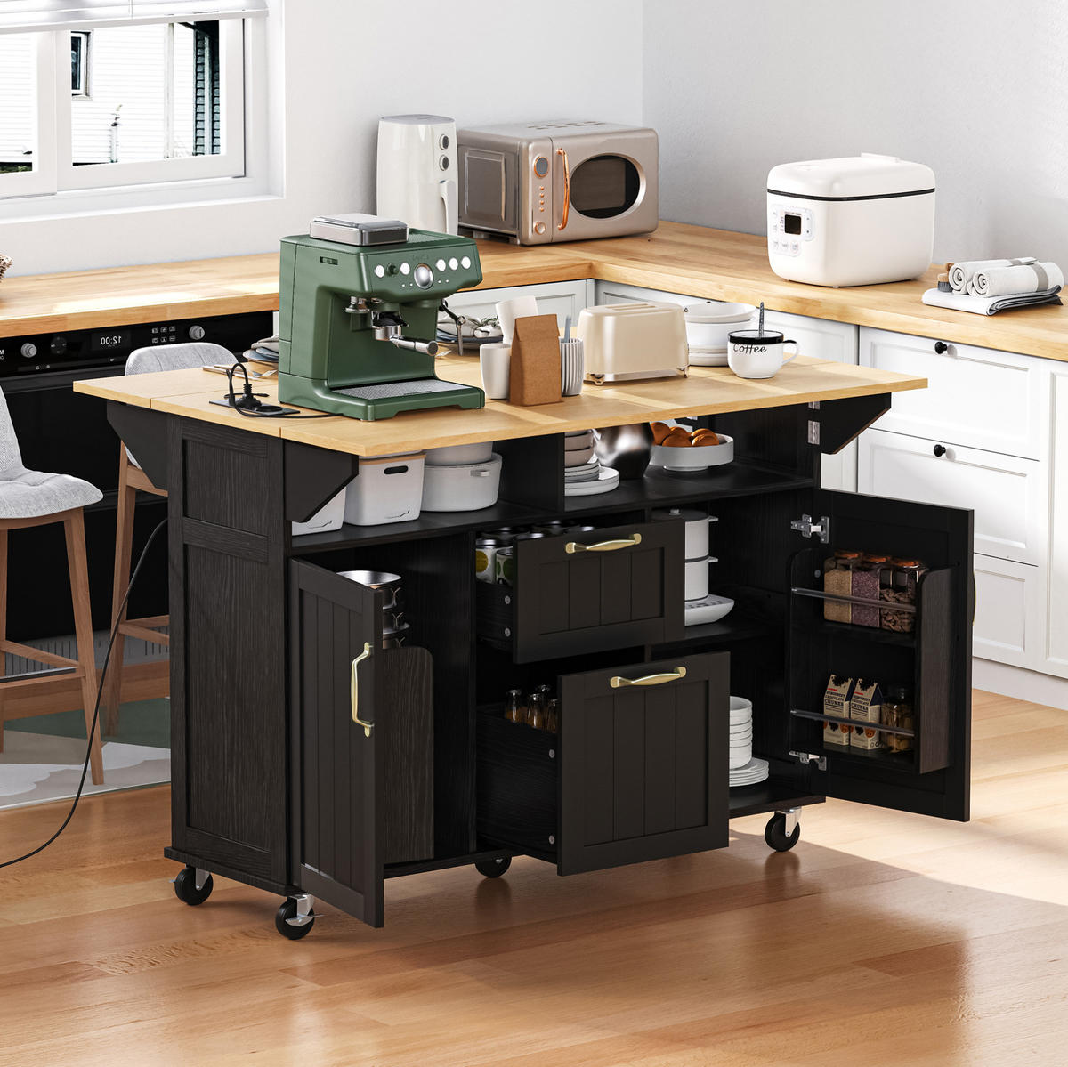 KUECHENINSEL mit Klapptisch 120 cm Schwarz/Natural - Schwarz, Holz (80/92/120cm) - Beauniv