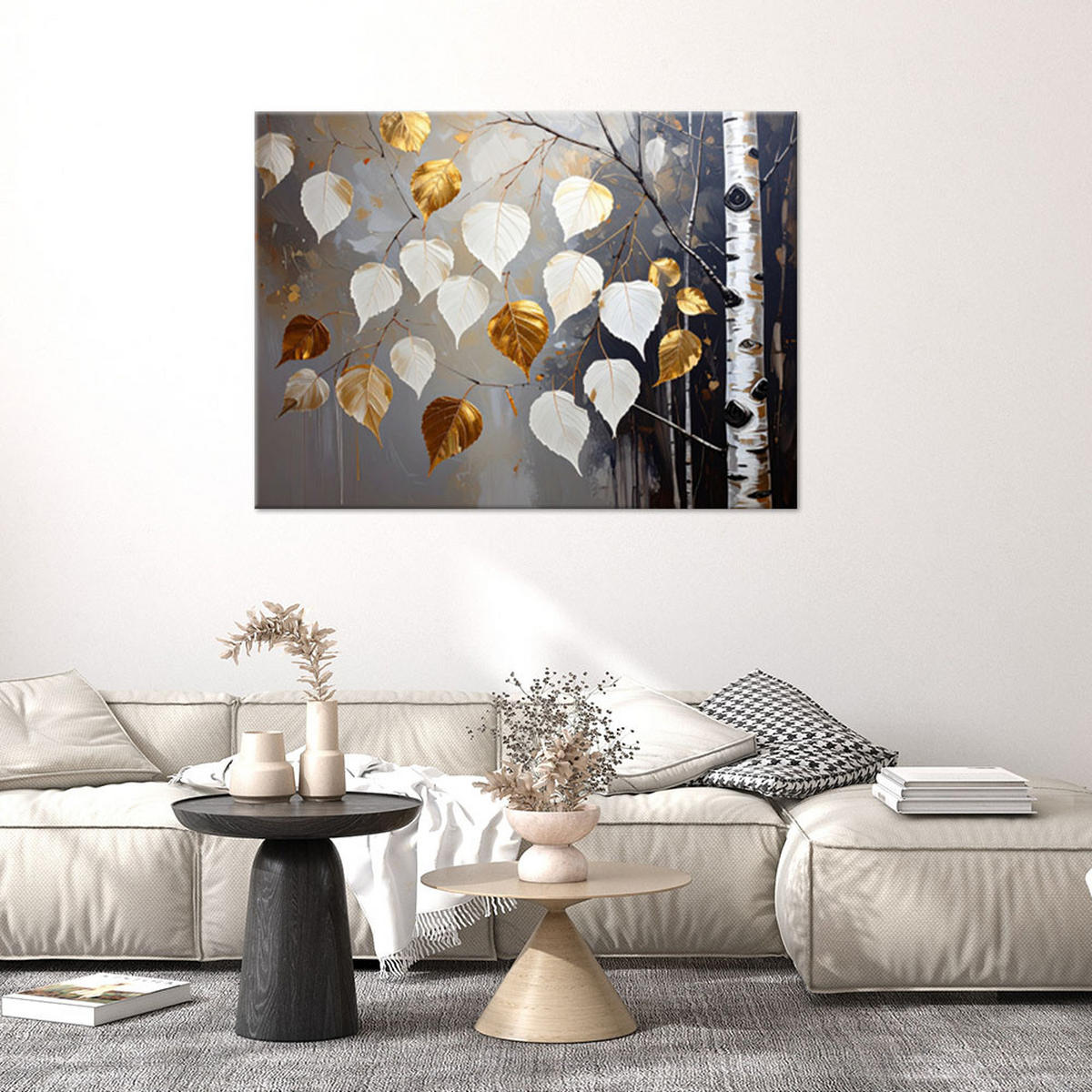BILD auf Leinwand, Wald Birkenblätter weiß-golden Natur - Weiß, Textil (120/80cm) - Feeby