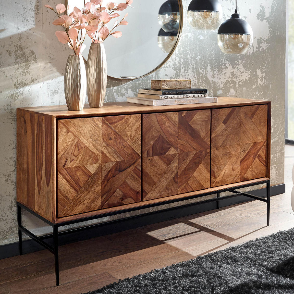 SIDEBOARD – Massivholz, 123x70x45 cm, Industrial-Stil, Stauraum - Schwarz/Braun, Holz/Metall (123/70/45cm) - KADIMA DESIGN