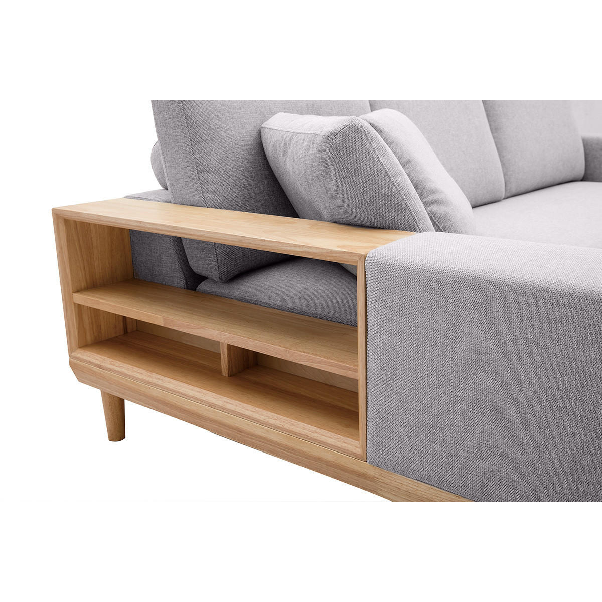 ECKSOFA 5-Sitzer Mit Stauraum Hellgrauer Stoff Mit Strukturiertem Samteffekt Helles Holz KOMAO - Hellgrau, Textil (171/236cm) - Miliboo