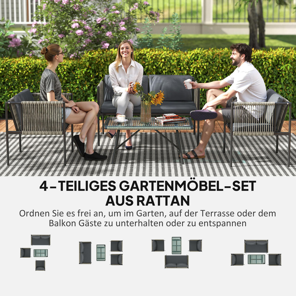 GARTENMÖBEL-SET DE-06725 4-teilig mit Glasplatte Grau - Grau, Kunststoff/Metall - ComfortXL