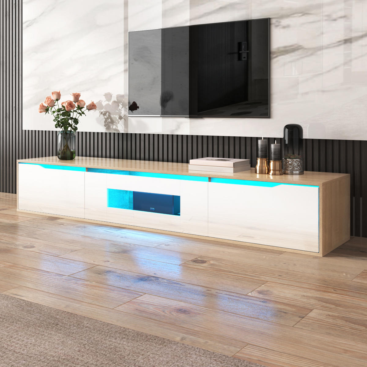 TV-RACK 180x30x35cm HochglanzWeiß Holzoptik mit LEDLicht Wandmontage - Weiß, Holz (46/17/142cm) - Raelunyi