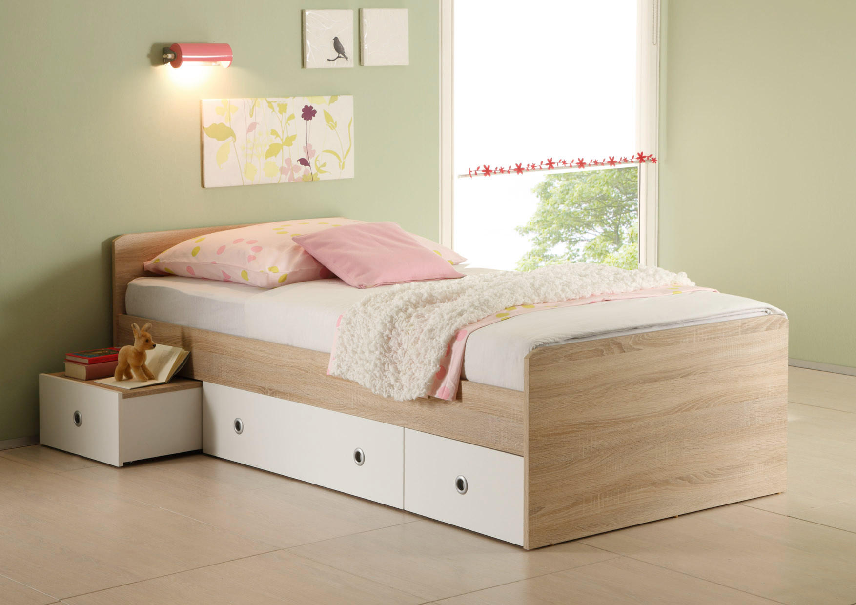 JUGENDZIMMER Wiki in Eiche Sonoma und Weiß 4 teilig mit Schwebetürenkleiderschrank - Braun, Holzwerkstoff (120/200/80cm)