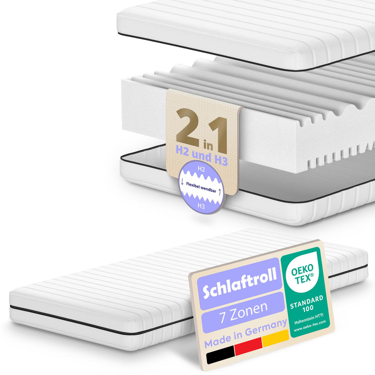 KALTSCHAUMMATRATZE – Wendematratze H2/H3 mit abnehmbarem Bezug 80x200 cm - Weiß, Textil (80/200cm) - Schlaftroll