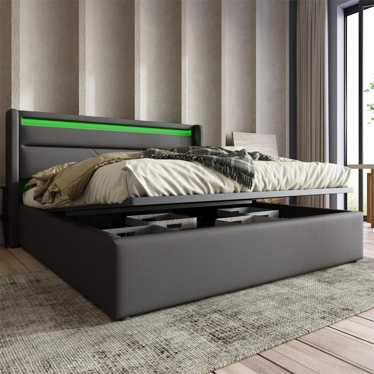 POLSTERBETT 140/200 cm in Grau mit LED - Grau, Holz/Textil (140/200cm) - KOMHTOM
