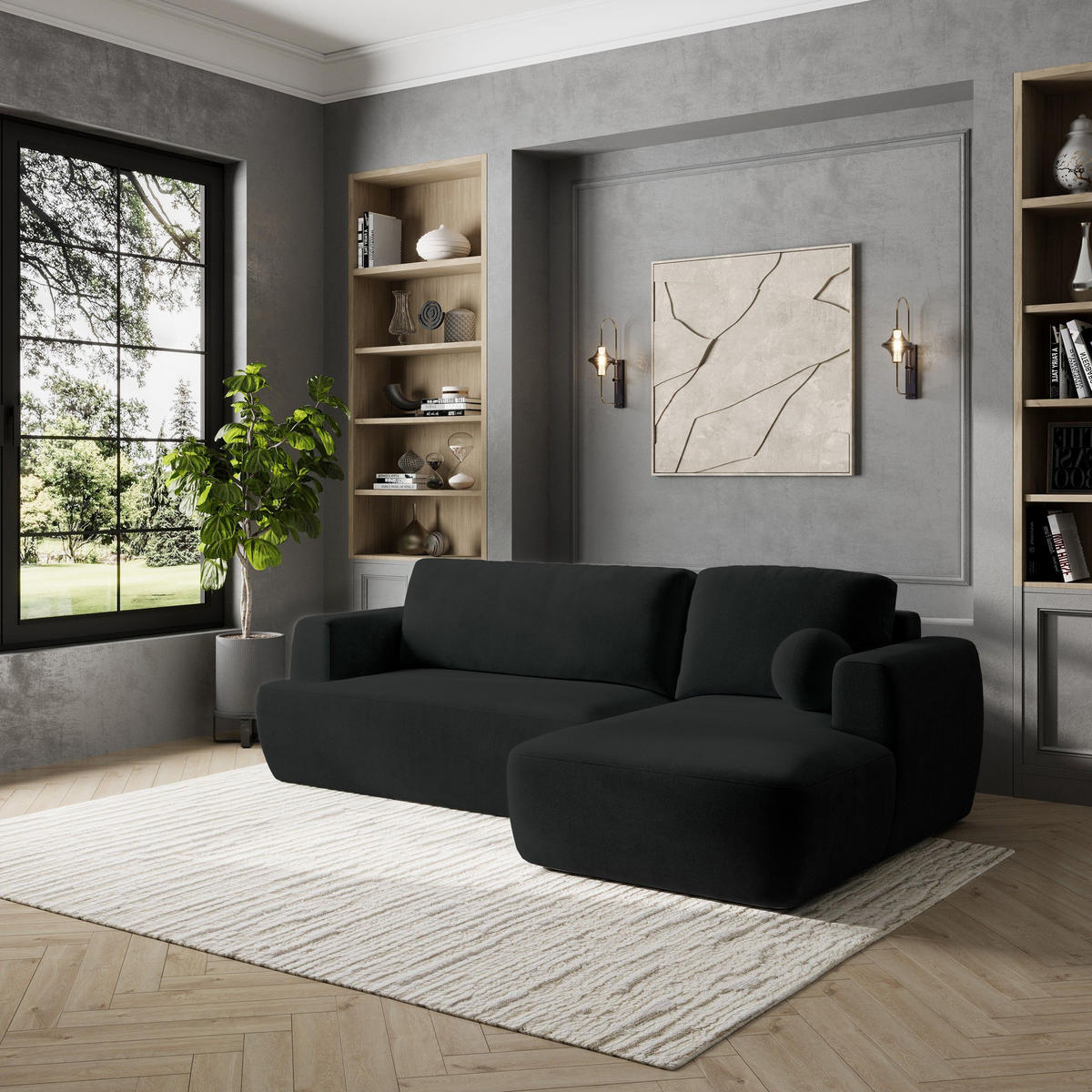 ECKSOFA SENTI K R-S Schwarz Plüsch-Stoff mit Schlaffunktion - Schwarz, Holz (246/148cm) - MASSENO