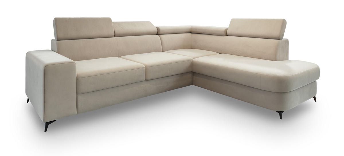 ECKSOFA ALVORO R-S Creme Velours-Stoff mit Schlaffunktion - Creme, Holz (253/190cm) - MASSENO