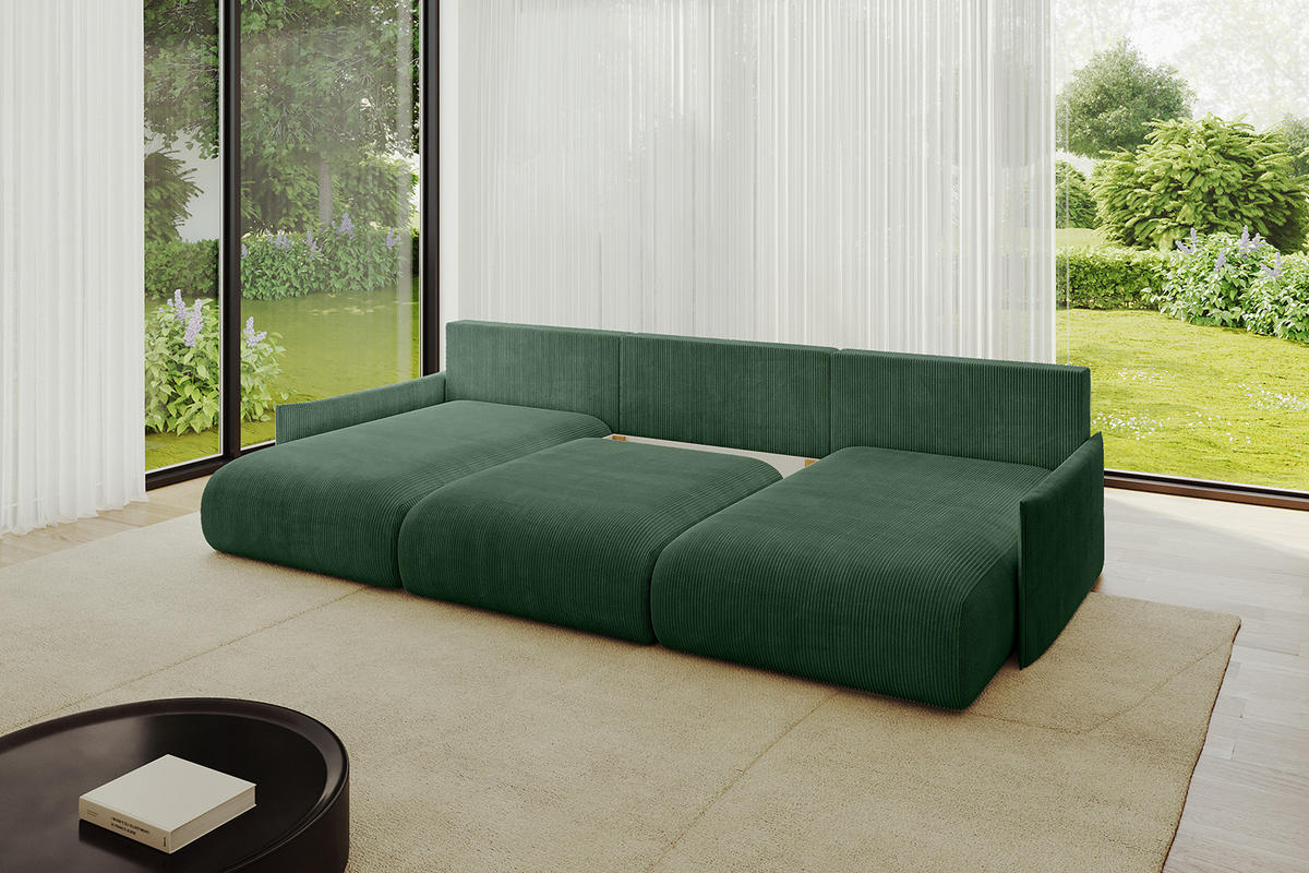 WOHNLANDSCHAFT mit Schlaffunktion und Bettkasten ONESK-U-v1 304x165x40 Grün Cord - Grün, Holzwerkstoff/Kunststoff (304/90/165cm) - ALTDECOR