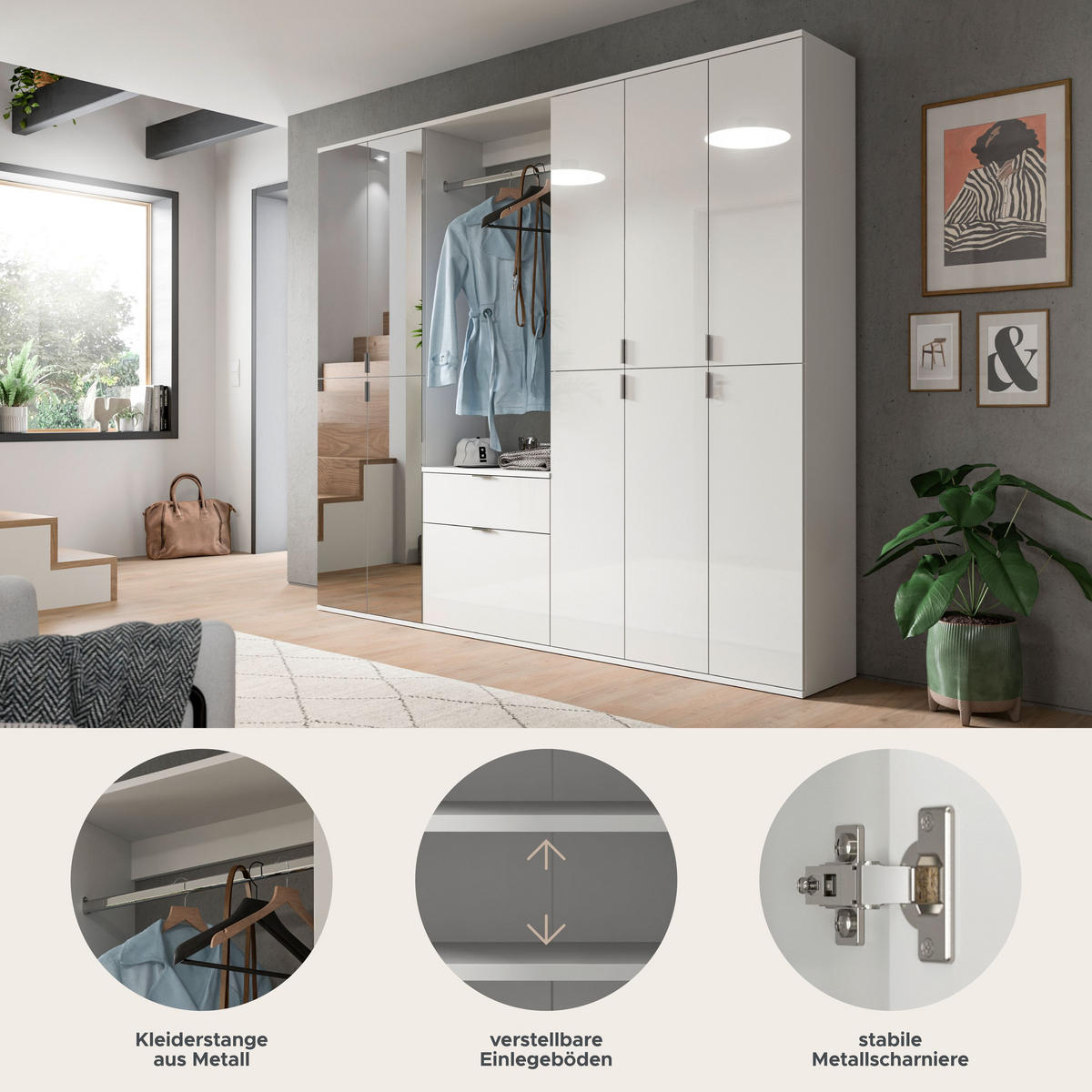 GARDEROBENKOMBINATION 5tlg. Projekt X Garderobe in weiß Nb. und weiß hochglanz B/H/T: 213x193x34 cm - Weiß, Holzwerkstoff (213/193/34cm)