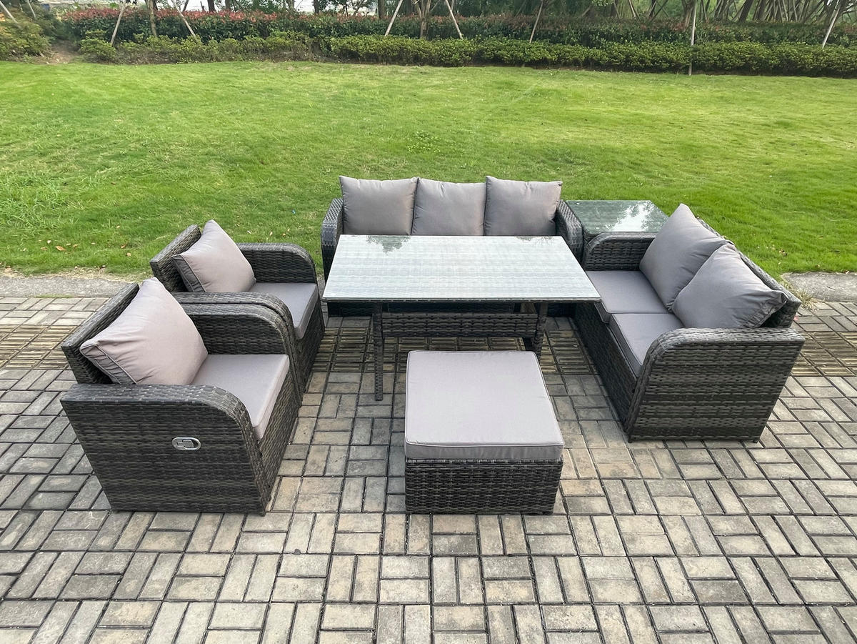 GARTENMÖBELSET mit Esstisch,Zweisitzer,Hocker,Beistelltisch Polyrattan Dunkelgrau 8-Sitzer - Dunkelgrau/Grau, Glas/Kunststoff - Fimous