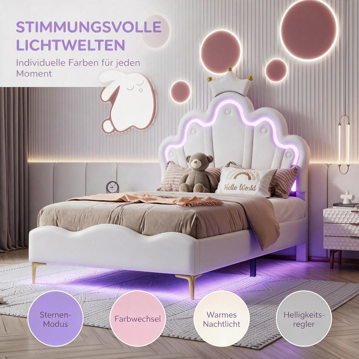 KINDERBETT 90 x 190 cm, Prinzessinnen, mit RGB-LED-Beleuchtung, gepolsterter Krone, höhenverstellbarem Bettgestell, Weiß - Weiß, Leder/Holz (190/90cm) - BursDany