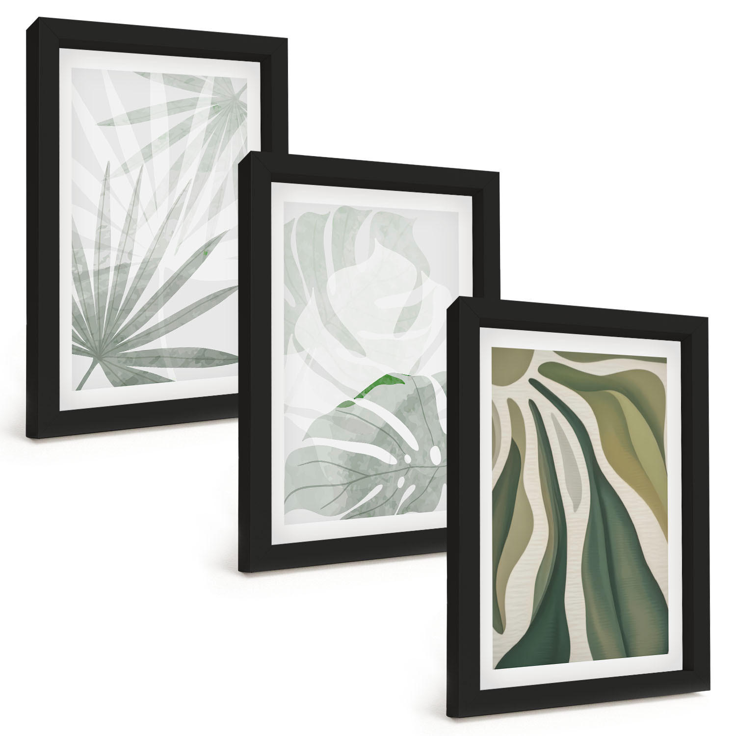 BILDER SET 3er Set - 20x30 cm Schwarzer Rahmen - Blätter von Pflanzen in Grün und Grau - Schwarz, Kunststoff (20/30cm) - TULUP