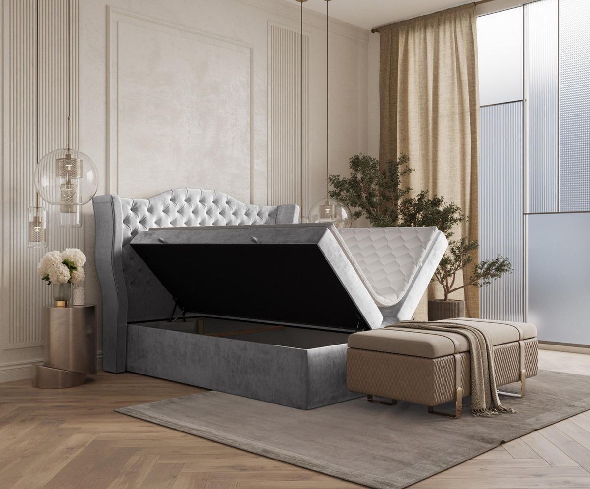 BOXBETT Royal Hellgrau 160/200 cm im Chenille-Stoff - Hellgrau/Schwarz, Holz/Holzwerkstoff (160/200cm) - Maison de Reve