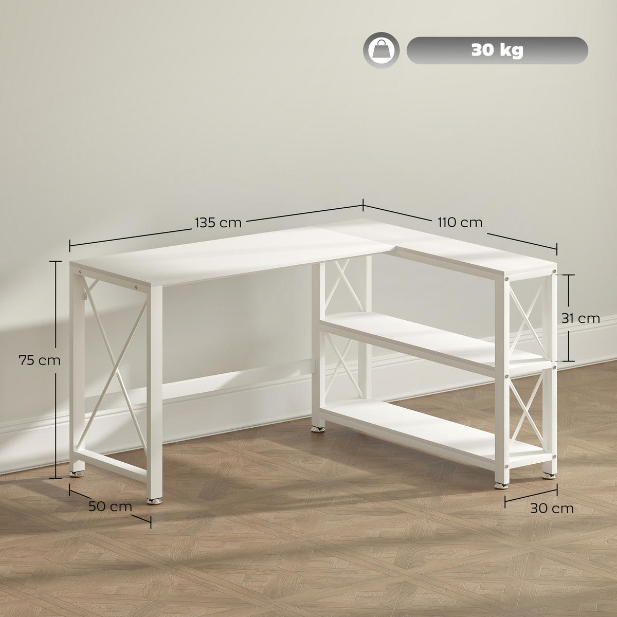 ECKSCHREIBTISCH Weiß mit Regal beidseitig montierbar 135/110/75 cm - Weiß, Holzwerkstoff (110/135/75cm) - PANGIVO