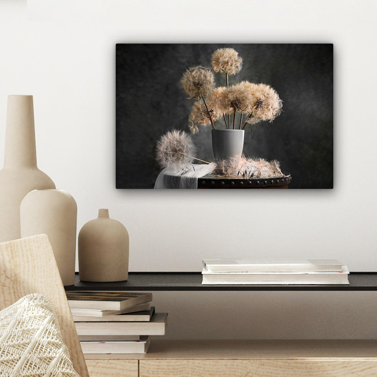LEINWANDBILD Blumensamen - Löwenzahn - Vase - Stilleben - Blumenstrauß Deko Schlafzimmer 30x20 cm - Dunkelgrau, Textil (30/20cm) - MuchoWow