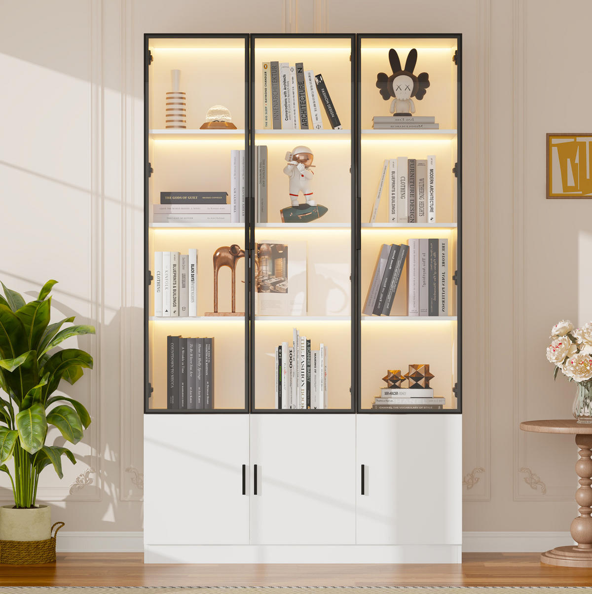 VITRINA, 120/32/200 cm, MDF/staklo bijela, s LED rasvjetom i 6 vrata - bijela, drvni materijal (120/200/32cm) - BEAOK