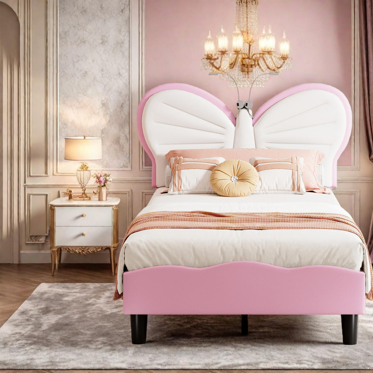 POLSTERBETT 90/190 cm Weiß Rosa mit LED-Leseleuchte - Rosa, Holz (90/190cm) - SHOPENTRA
