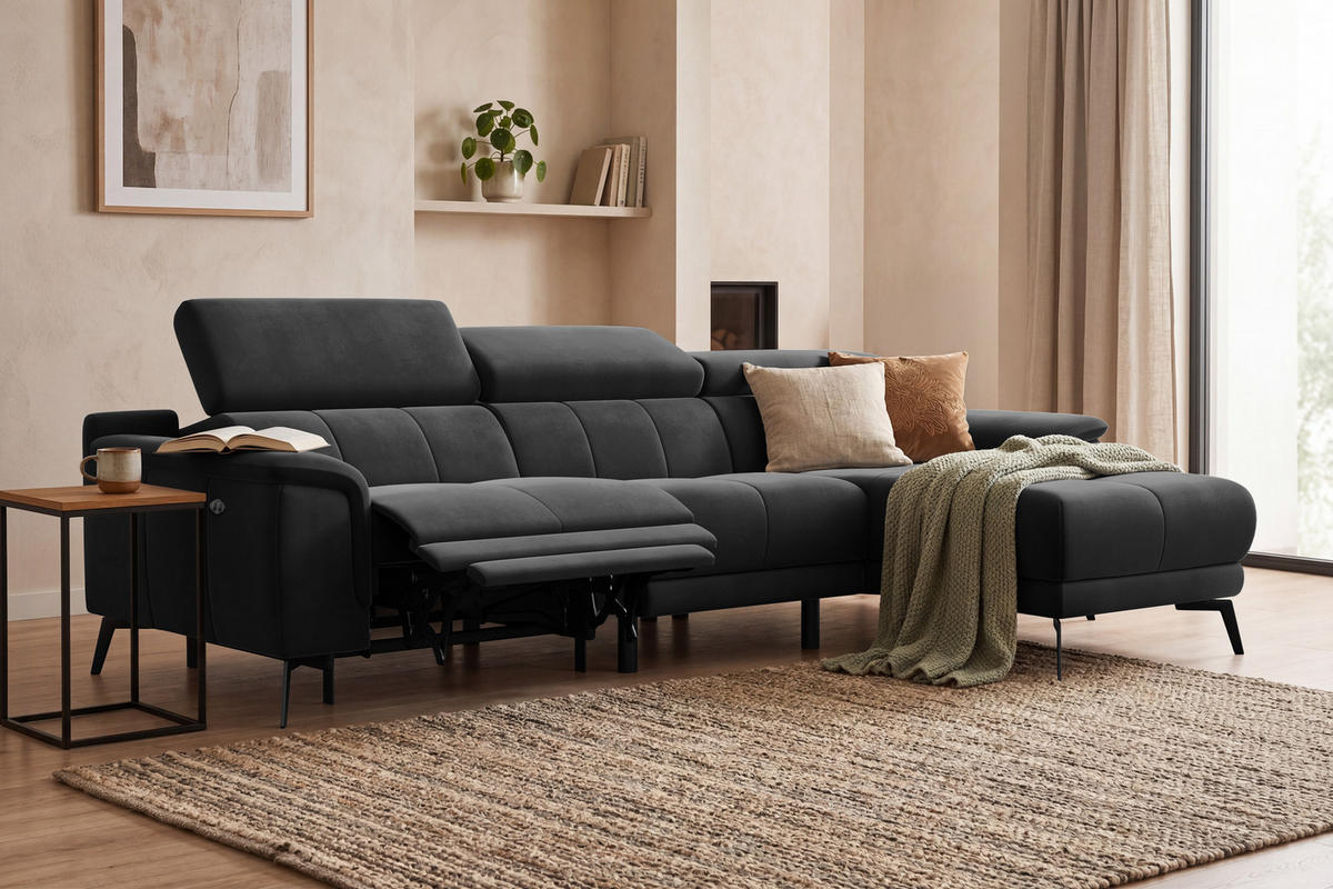 ECKSOFA FIERO 4-Sitzer RECHTS, Schwarzer Veloursstoff - Schwarz, Holz/Textil (288/170cm) - Courtois Laville