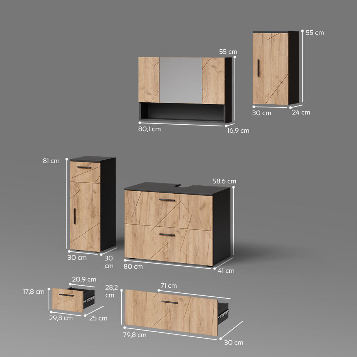 BADMÖBEL-SET Ronco Goldkraft Eiche/Anthrazit 4 Teile - Honigeiche/Anthrazit, Holzwerkstoff (41/80/58cm) - Livinity®