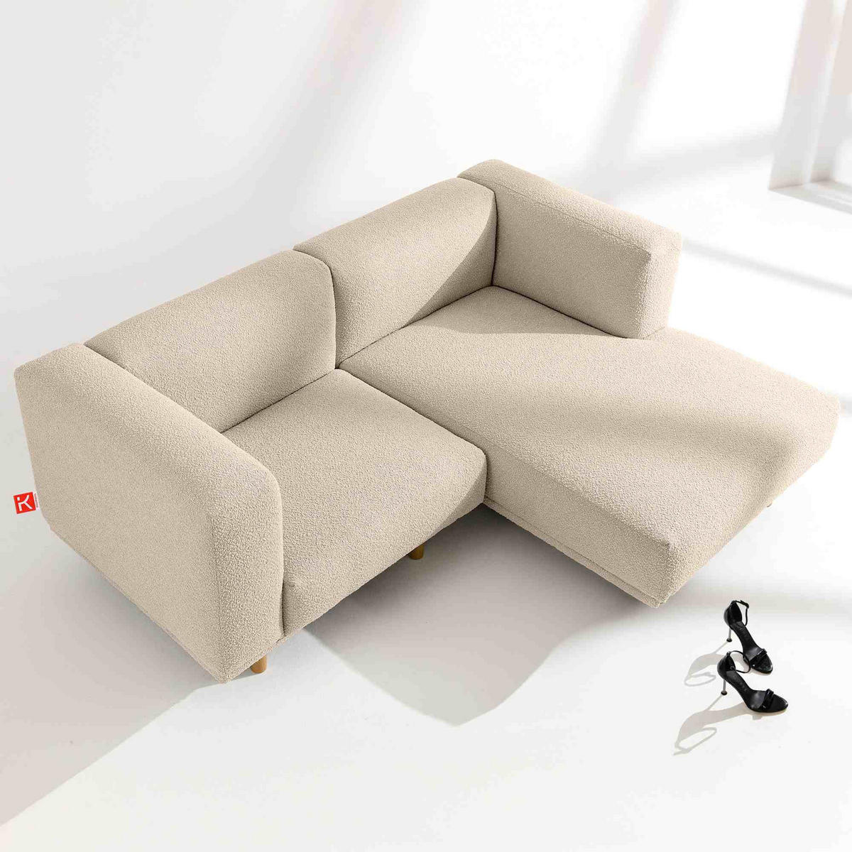 ECKSOFA-RECHTS FOSERO, Bouclé - Buchefarben/Creme, Holz/Holzwerkstoff (204/155cm) - KONSIMO®