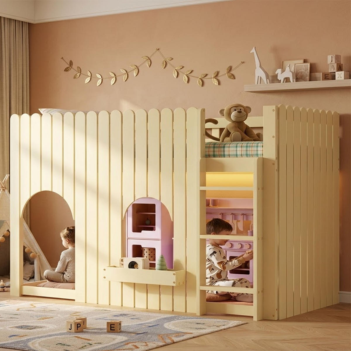 HOCHBETT 90/200 cm in Natur aus Kiefer und MDF mit LED, Leiter und Stauraum - Naturfarben, Holz/Holzwerkstoff (90/200cm) - WISHDOR