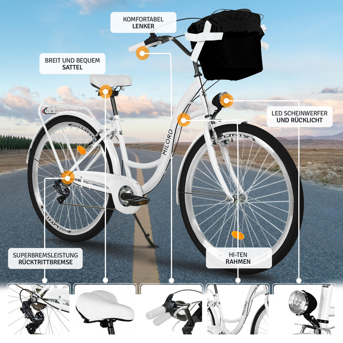 CITY-FAHRRAD Milord mit Metallkorb, 28 Zoll, Weiß, 1-Gang - Weiß, Metall (46cm) - Milordbikes