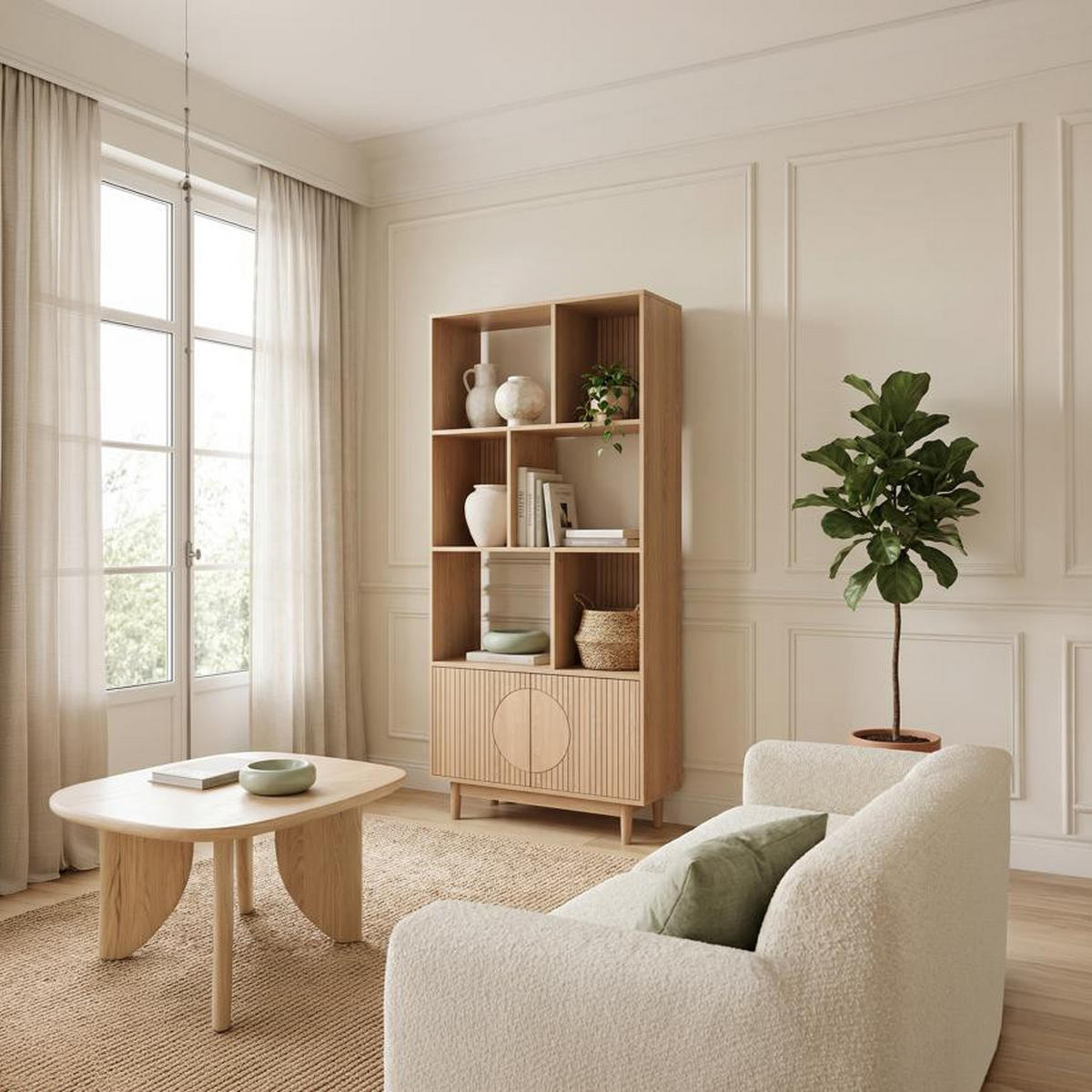 BÜCHERREGAL Skandinavisches, 180 cm hoch, mit 2 Türen und 6 Regalböden, Eichenoptik - LILA - Eichefarben/Salbeigrün, Holzwerkstoff/Metall (80/179/30cm) - Sicaan