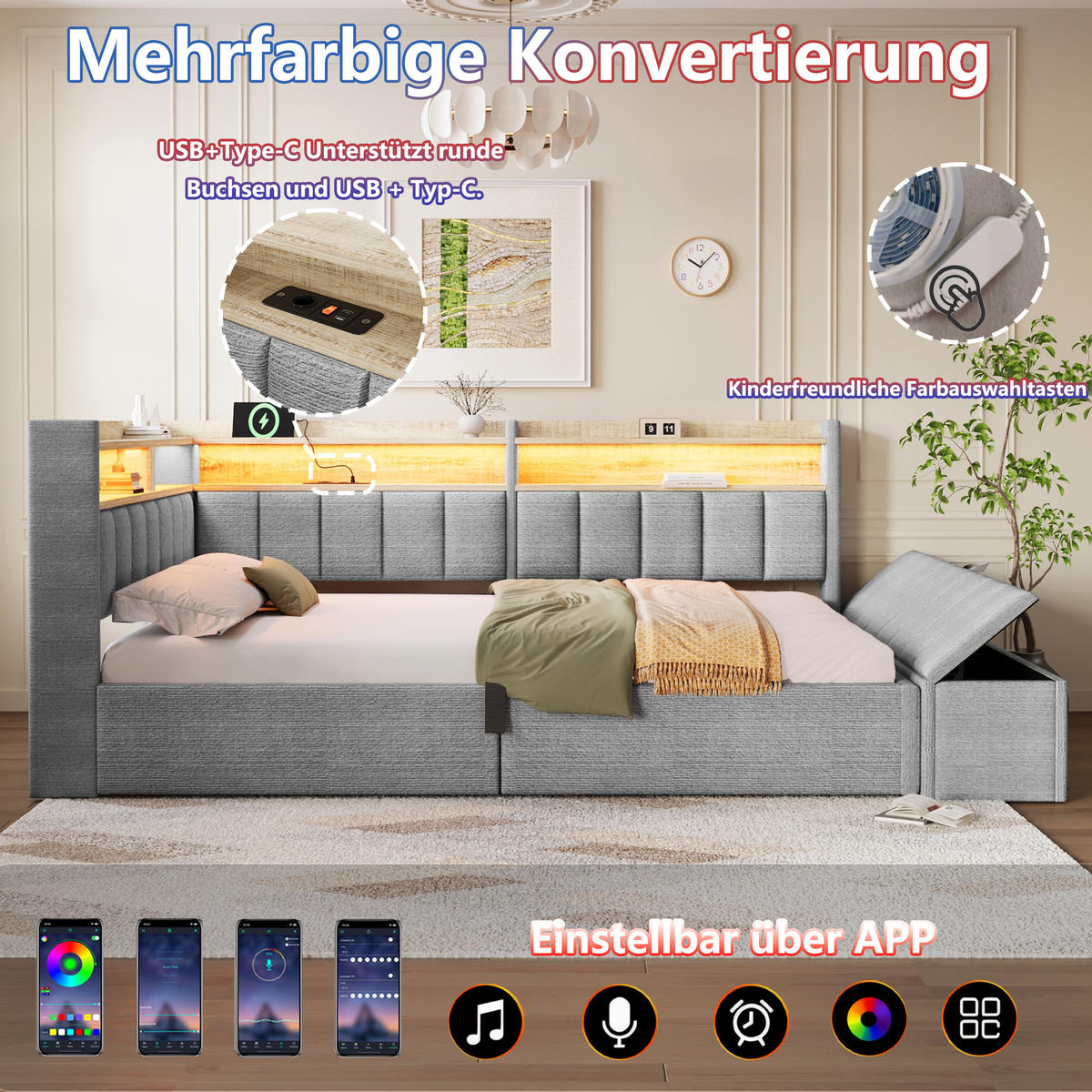 TAGESBETT 140 x 200 cm, Grau, Samt, LED, USB - Grau, Textil (140/200cm) - FLIEKS