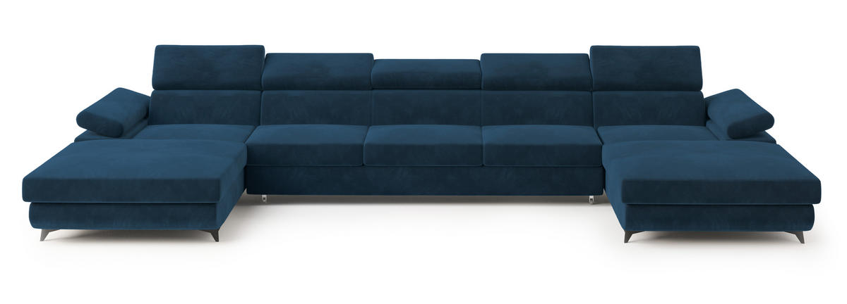 WOHNLANDSCHAFT VIVENTE Blau Velours-Stoff mit Schlaffunktion - Blau, Holz (410/89/190cm) - MASSENO