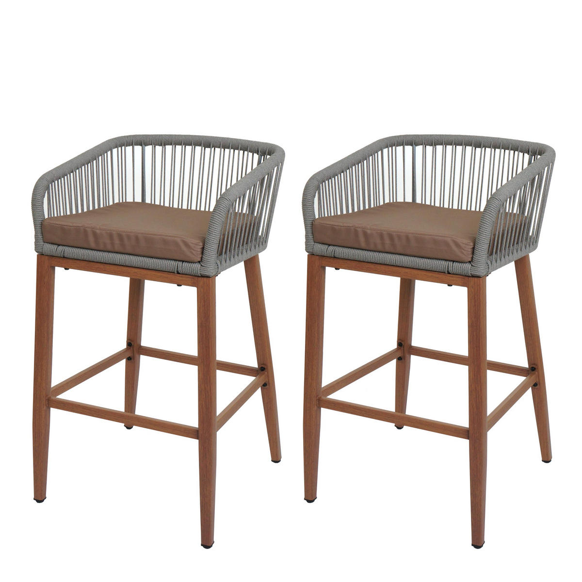 GARTENSTUHL 2er-Set HxBxT 92x51x53cm Sitzhöhe 76cm Hellgrau Kissen Taupe Seilgeflecht Metall Holz-Optik - Hellgrau, Metall (51/92/53cm) - PROREGAL