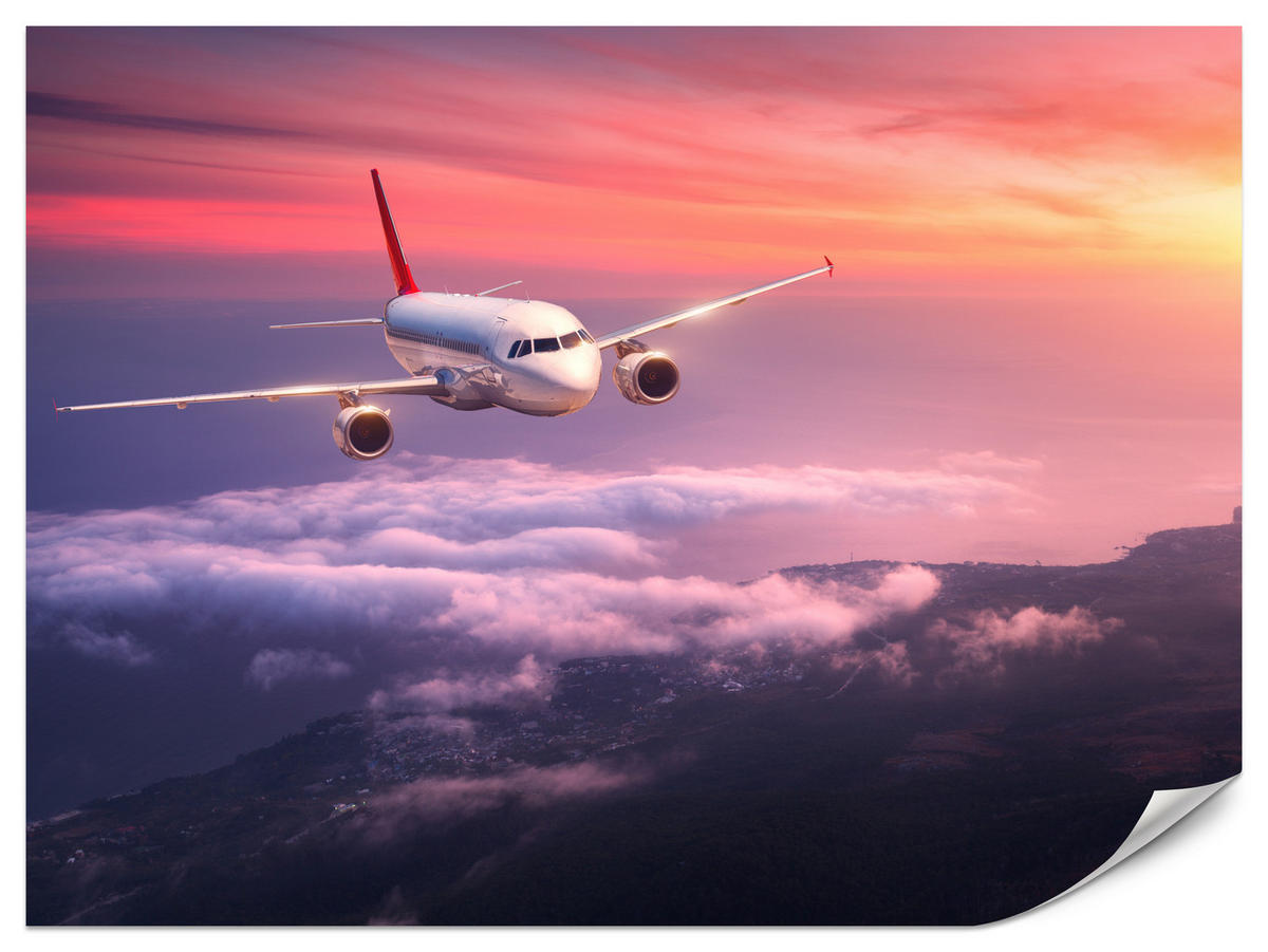 FOTOTAPETE für Wohnzimmer Flugzeug Sonnenuntergang Wolken Himmel 450x315 - Gelb/Rot, Papier (450/315cm) - Muralo