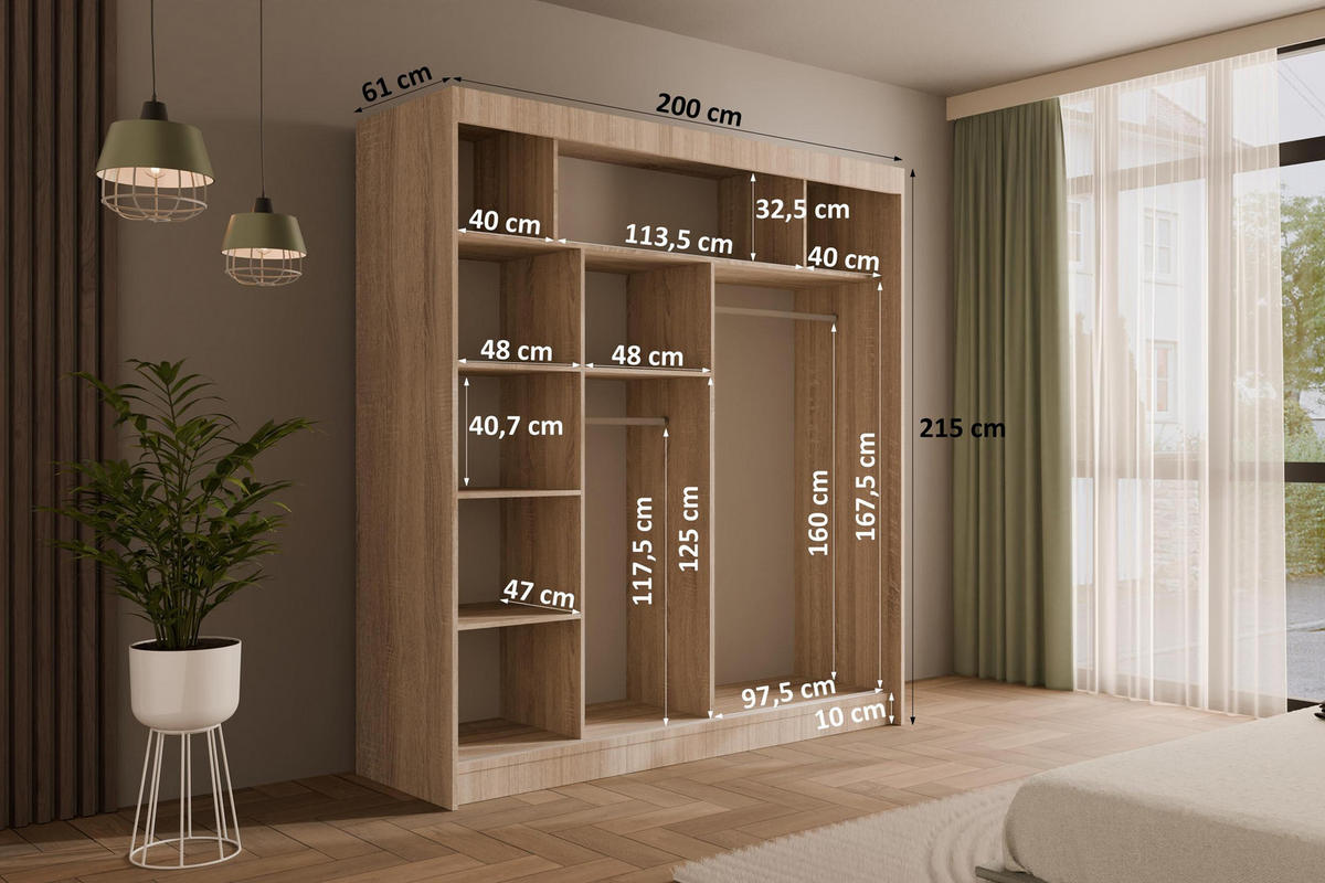 KLEIDERSCHRANK mit Lamel-Schiebetüren VILANv2 - 200 cm Sonoma Eiche + Lamelle Eiche Wotan - Eiche Wotan/Sonoma Eiche, Holzwerkstoff (200/215/61cm) - ALTDECOR