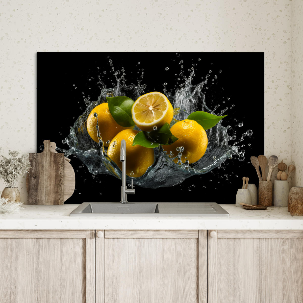SPRITZSCHUTZ KÜCHE Zitrone - Obst - Gelb - Schwarz 90x60 cm - Gelb, Metall (90/0.3/60cm) - MuchoWow