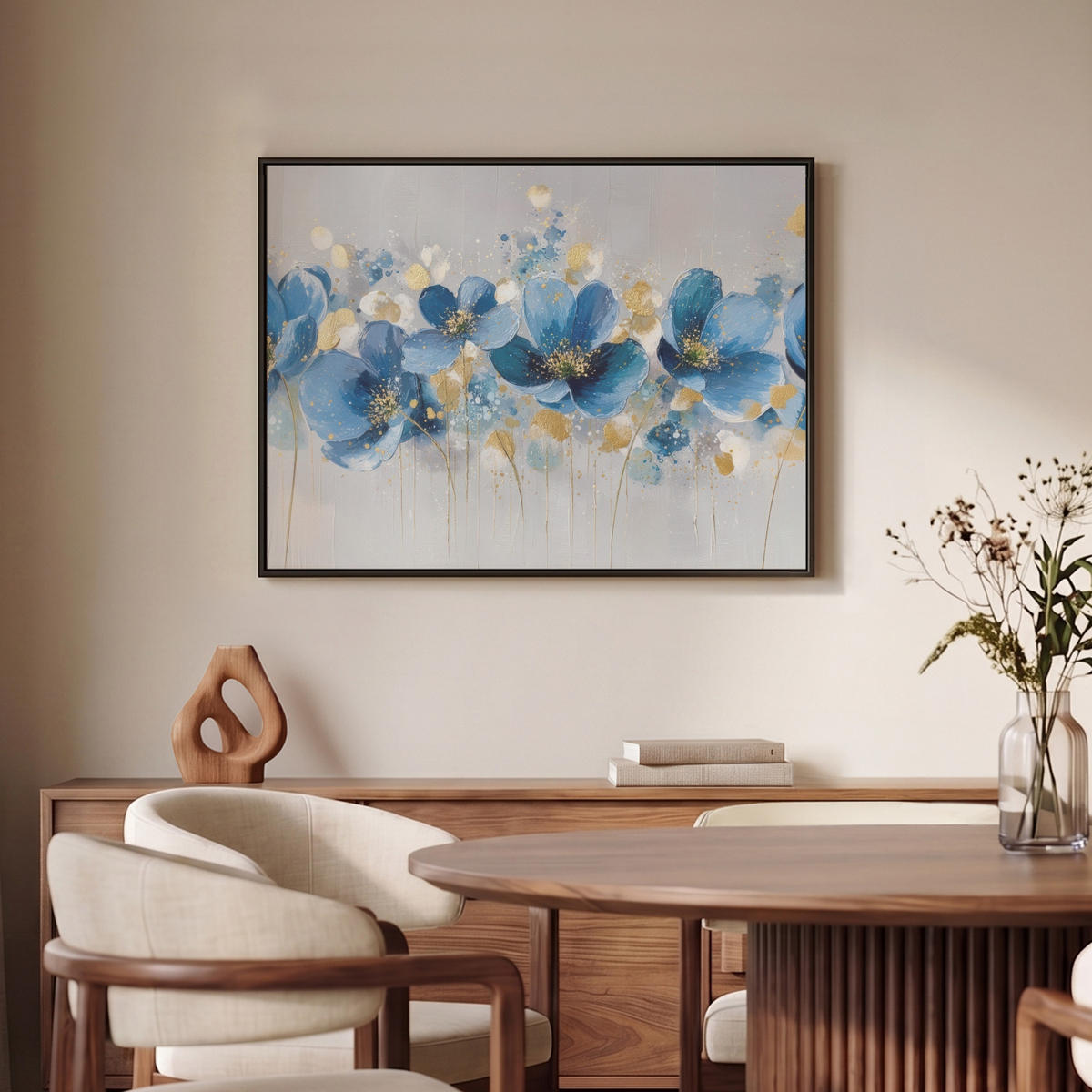LEINWAND Bilder mit Rahmen - Blumen - Blau - Abstrakt - 80x60 - Hellgrau, Textil (80/60cm) - MuchoWow