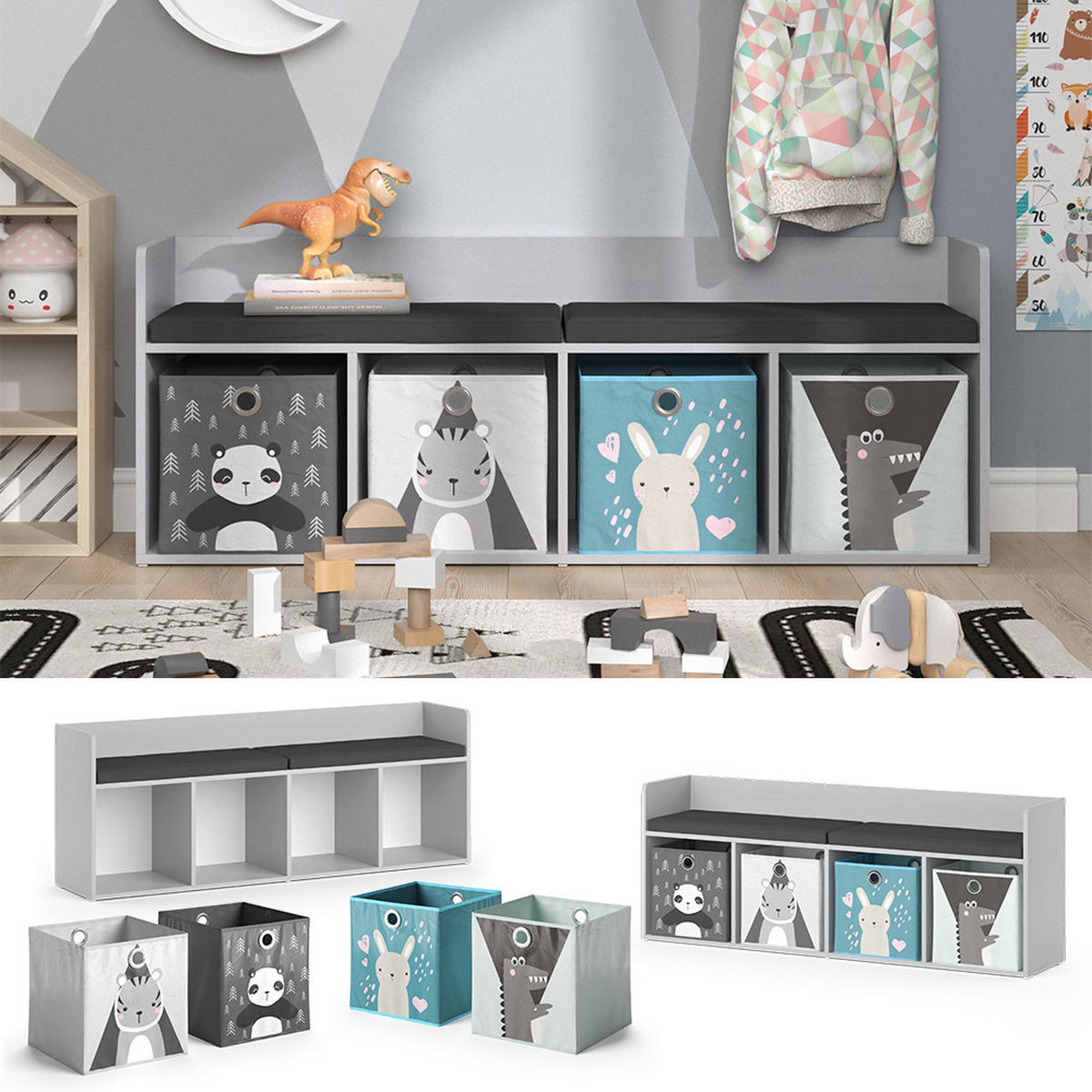 KINDERSITZBANK Luigi Weiß 107.2 x 88.6 cm 4 Fächer, mit Faltboxen grau - Weiß, Holzwerkstoff (107.2/88.6/30.9cm) - Vicco