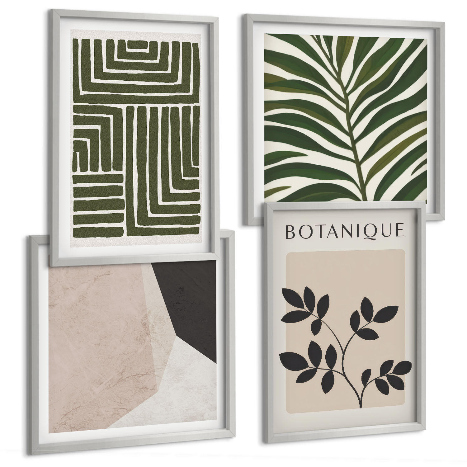 BILDER SET 4er Set - 50x50 cm & 40x60 cm Silberner Rahmen - Botanische Boho-Kompositionen - Silberfarben, Kunststoff (50/50cm) - TULUP