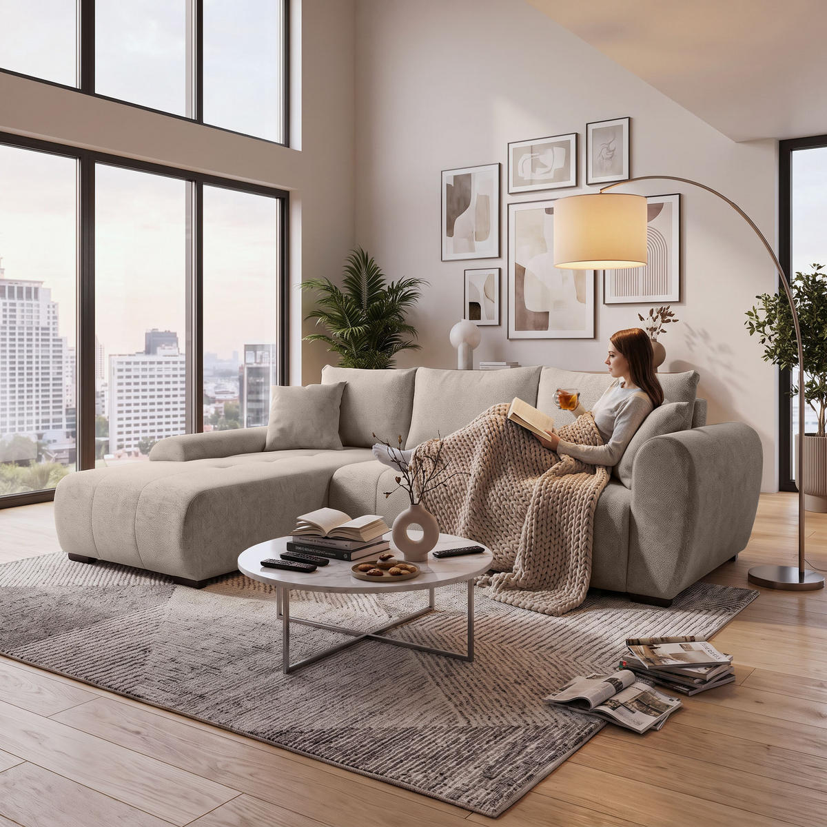 ECKSCHLAFSOFA Dallas mit Bettkasten, 255 cm, Beige, links, Velour-Stoff - Cappuccino, Textil (255/175cm) - Beautysofa