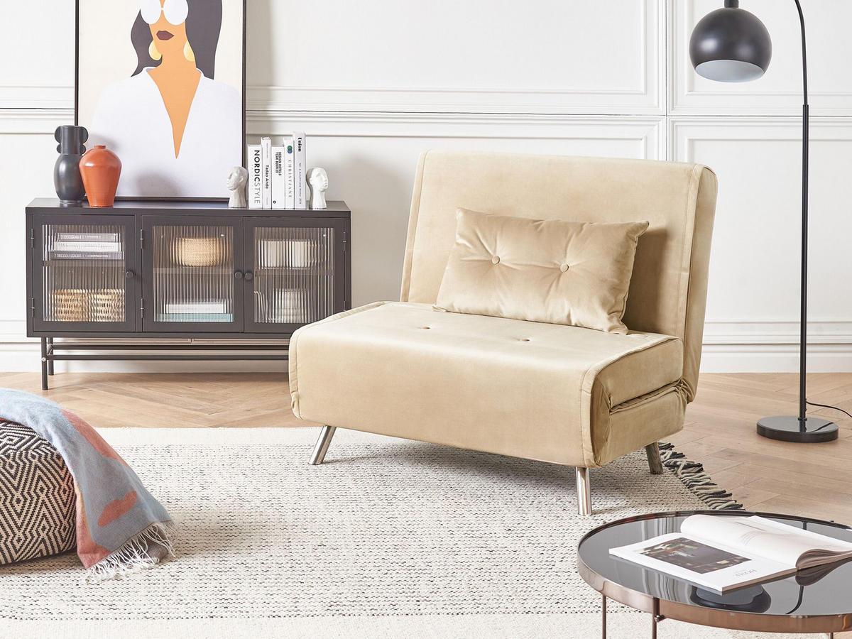 1-SITZER-SCHLAFSOFA Samtstoff Sandbeige Farris - Beige, Textil (100/89/191cm) - Beliani