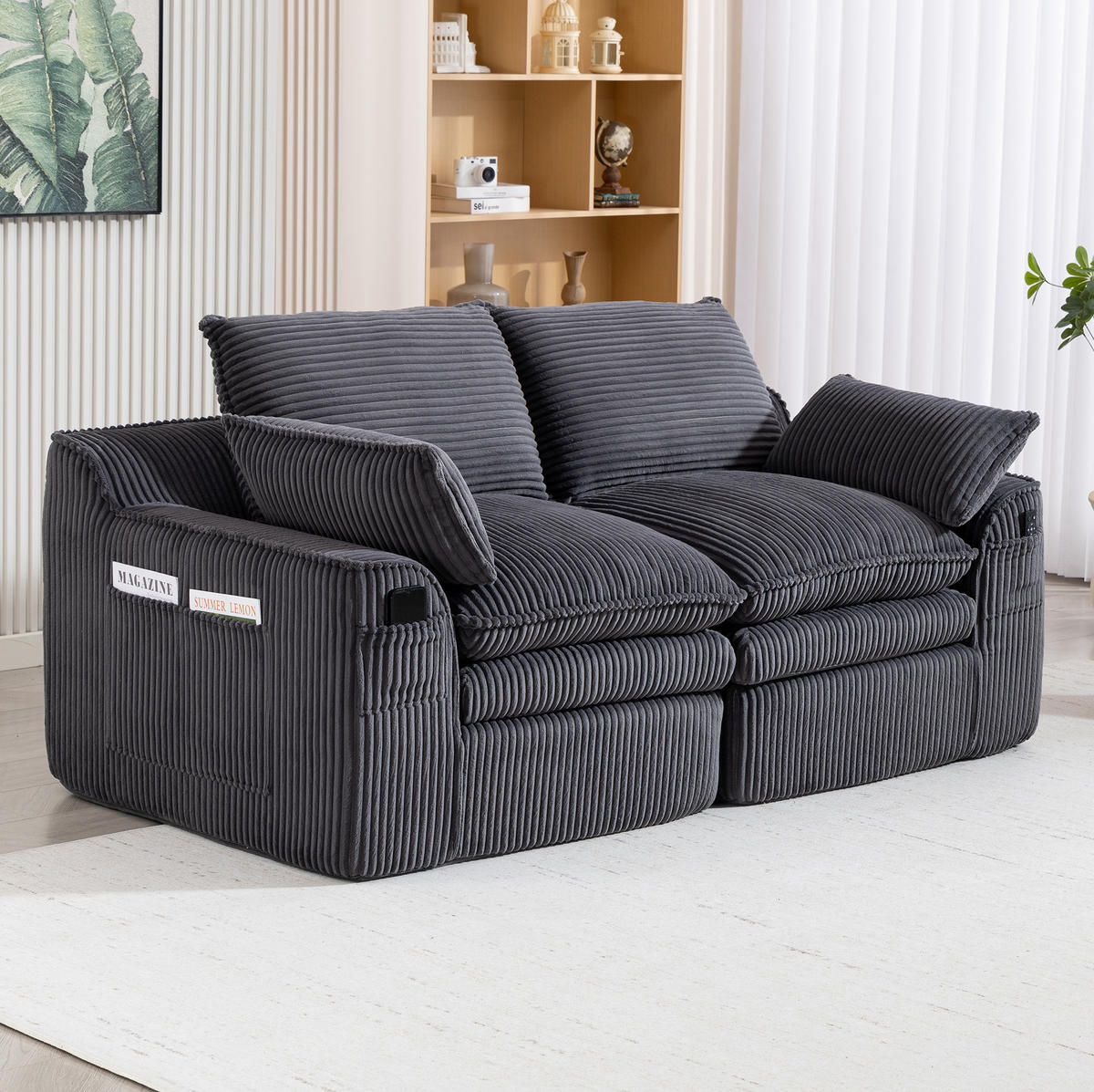 2-SITZER-SOFA 191/94/85 cm dunkelgrau aus Cord mit Seitentaschen und Federkern - Dunkelgrau, Textil (94/85/191cm) - Modenvie