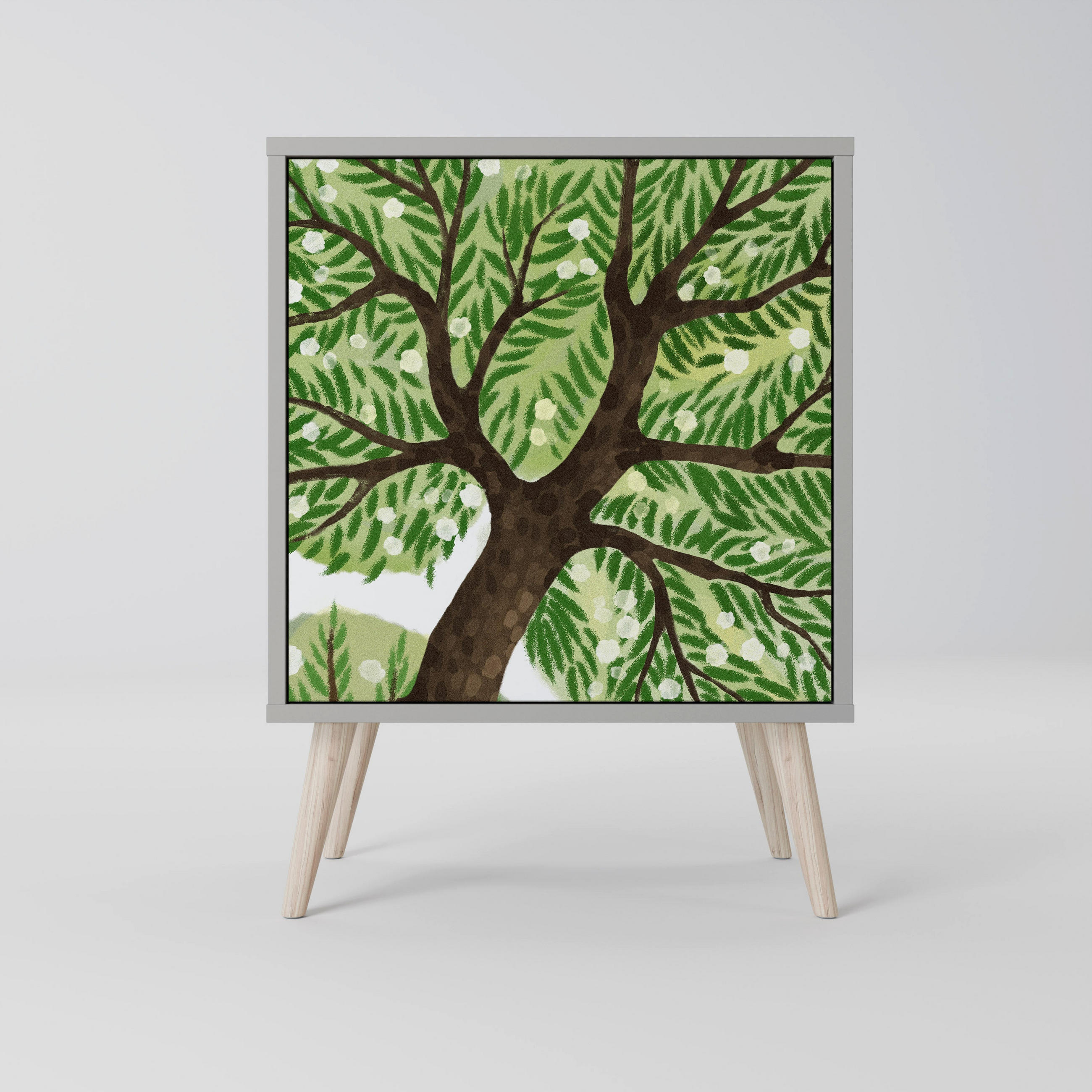 SIDEBOARD WILDERNESS DASH, Grau, 57,5x42x77,5 cm, Schräge Buchenholzfüße - Buchefarben/Multicolor, Holzwerkstoff/Buchenholz (57.5/77.5/42cm) - SpaceRebels