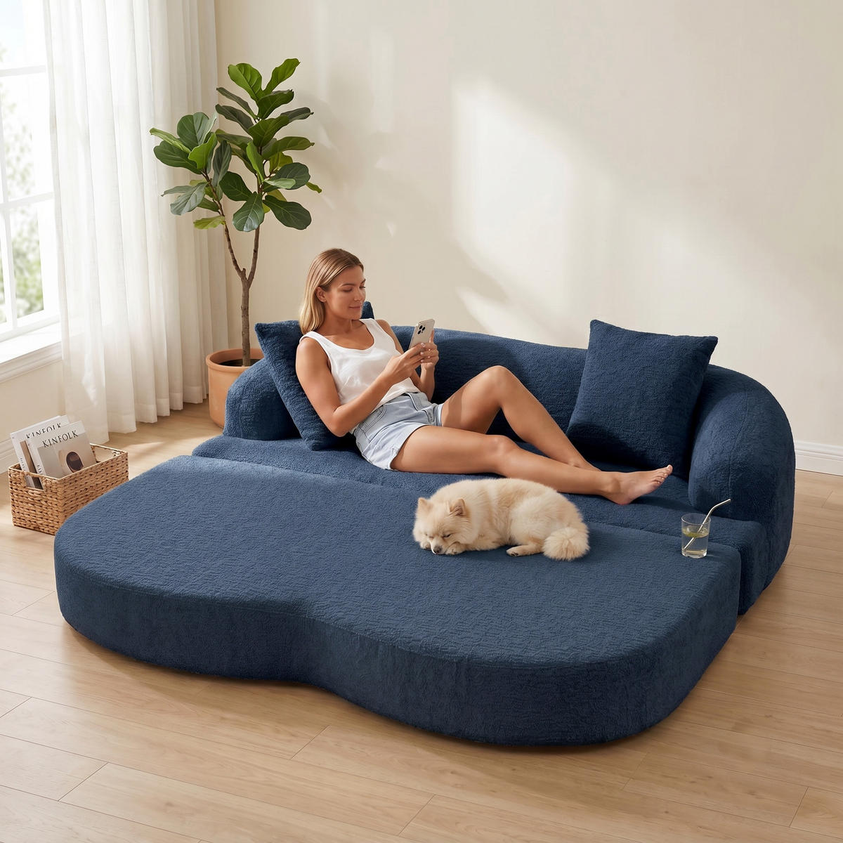 SCHLAFSOFA, 2 Sitzer aus Chenille, Klappsofa Bodensofa mit Schlaffunktion, Blau - Blau, Textil (157/44/153cm) - LVHOM